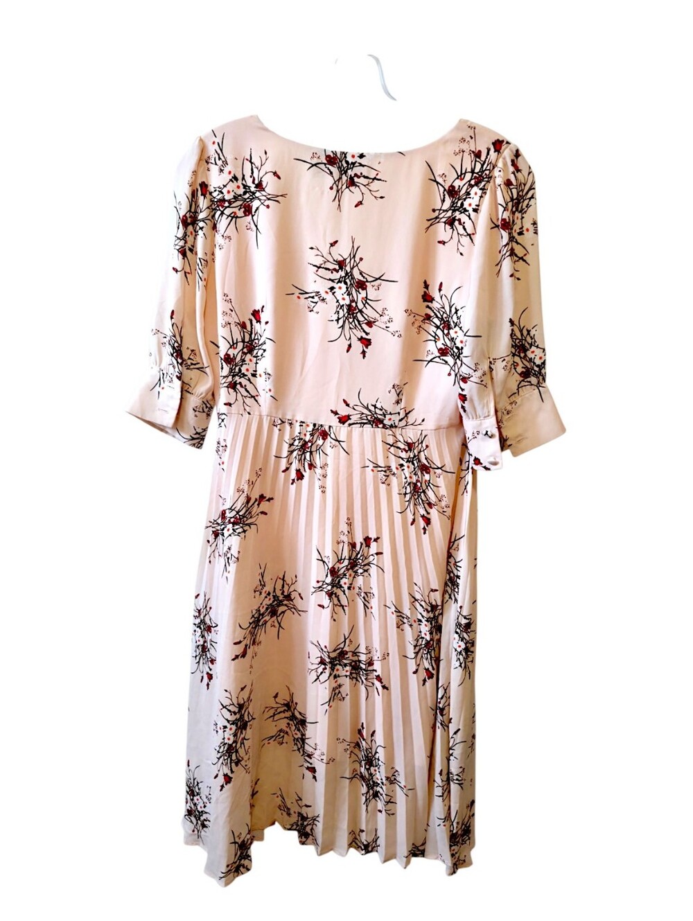 Simple Retro Women's Pink Floral Midi Dress  Romantic  Pleated 3/4 Sleeve Size M - Picture 2 of 3